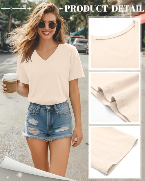 Huukeay Women's V-Neck Basic Tees - 5 Pack Comfortable Casual Short Sleeve Tops for Summer
