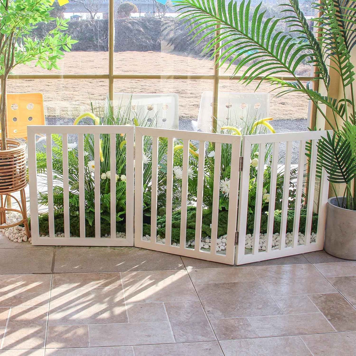 Extra Wide Freestanding Indoor Dog Gate - Foldable 3-Panel Wood Pet Barrier for Doorways & Stairs - 24” Height, White