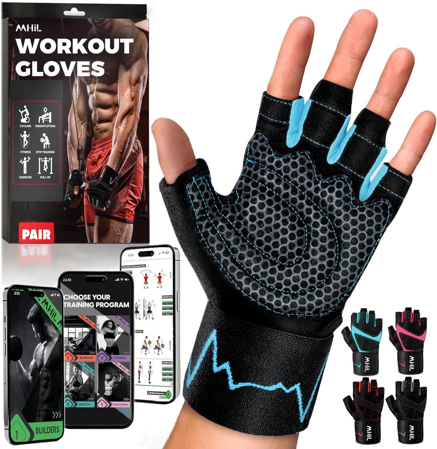 MhIL Workout Gloves for Men - Enhanced Grip Gym Gloves with Wrist Wraps for Optimal Performance and Safety