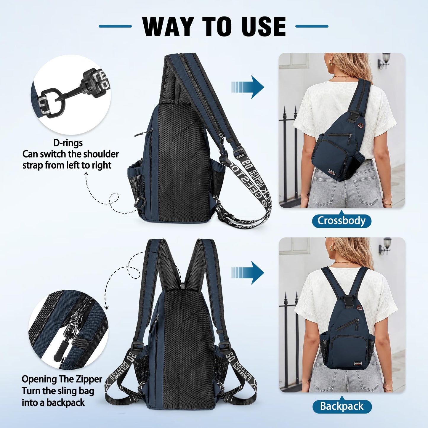 VALUEQLO Crossbody Backpack Convertible Sling Bag for Women Men with Adjustable Strap Small Casual Daypack for Hiking Traveling (Small, 11-Inch, Dark Blue)