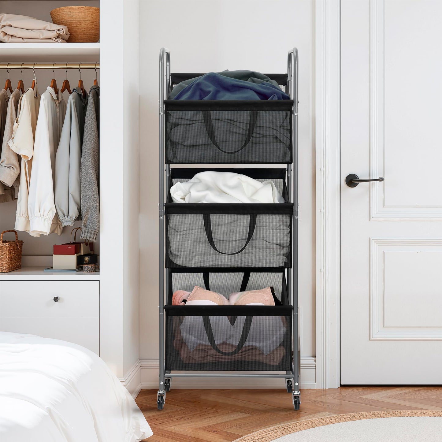 STO STO 3-Tier Vertical Rolling Laundry Hamper, Removable Bags, Black Mesh