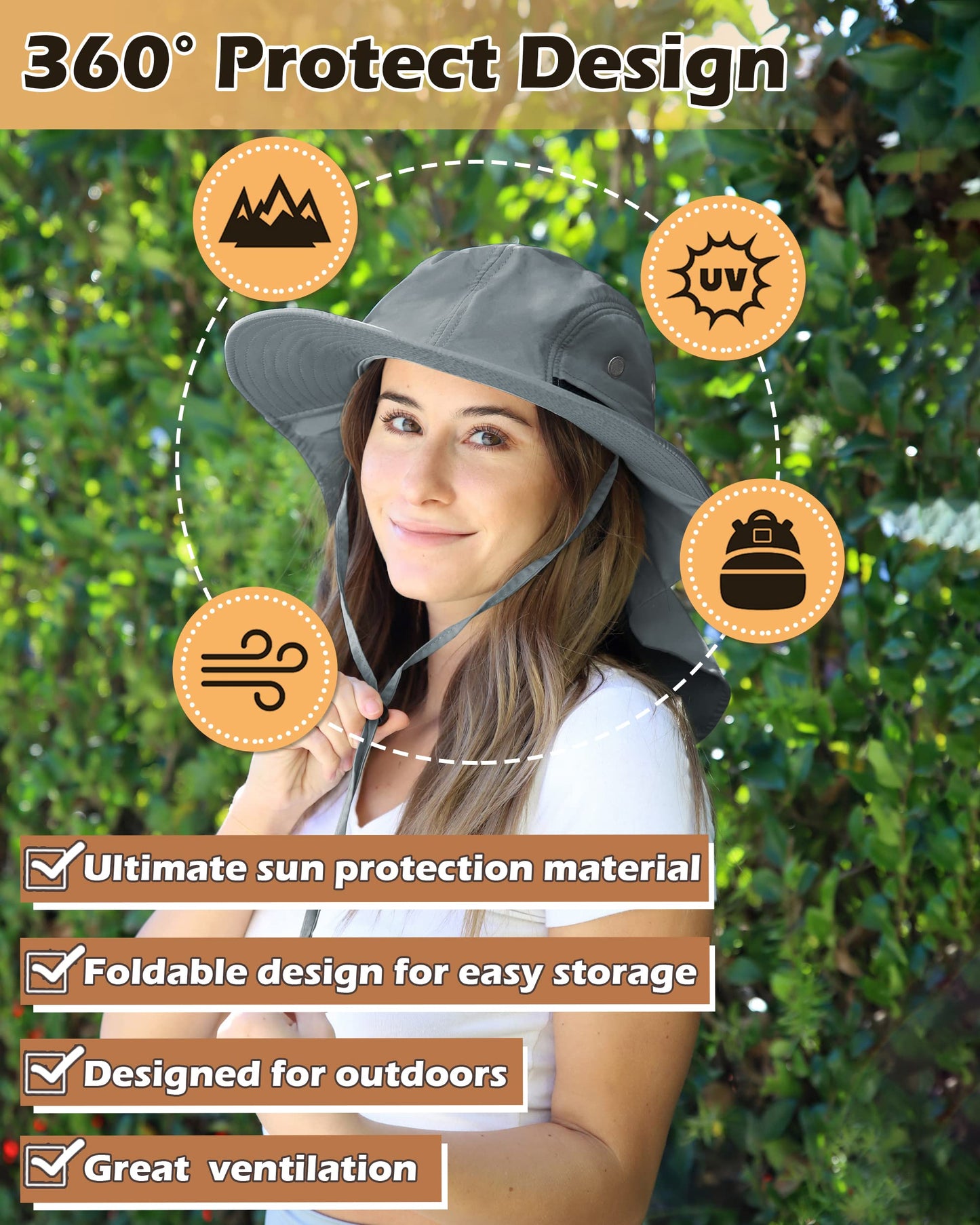 Tirrinia Wide Brim Sun Hat with Neck Flap for Men & Women, Breathable Hiking Fishing Safari Hat, Outdoor UV Protection Cap