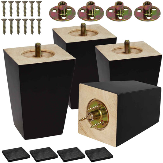 CODIN (5 Sizes: 3"-4"-5"-6"-8" Set of 4 Wood Furniture Legs - Square Sofa Legs, Couch Leg - Brown Mid-Century Modern Replacement Legs for Armchair Recliner Coffee Table Dresser (4")