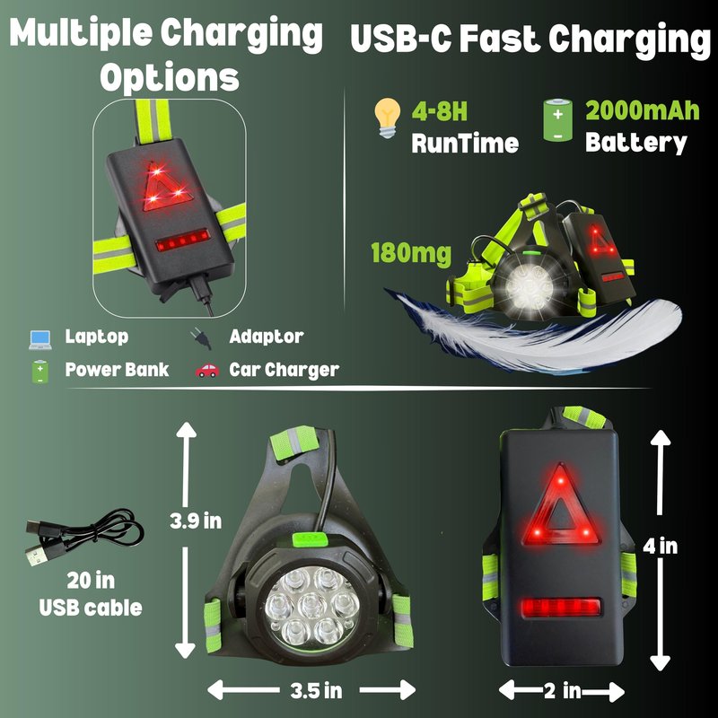 SY14 800LM High-Visibility Running Lights for Runners with Rear Light Chest Torch for Running Adjustable 120° Beam & 360° Reflective Vest IP55 Dust Waterproof Cycling Hiking Jogging Easter Gift