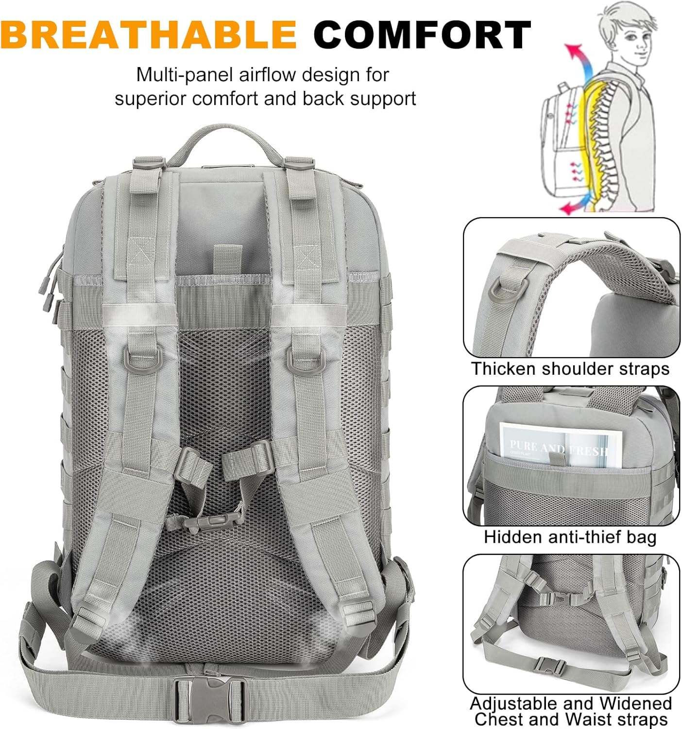 Skiennix Tactical Backpack 45L - Water Resistant MOLLE Rucksack | Durable 3-Day Bug Out Bag for Hiking & Travel (Grey)