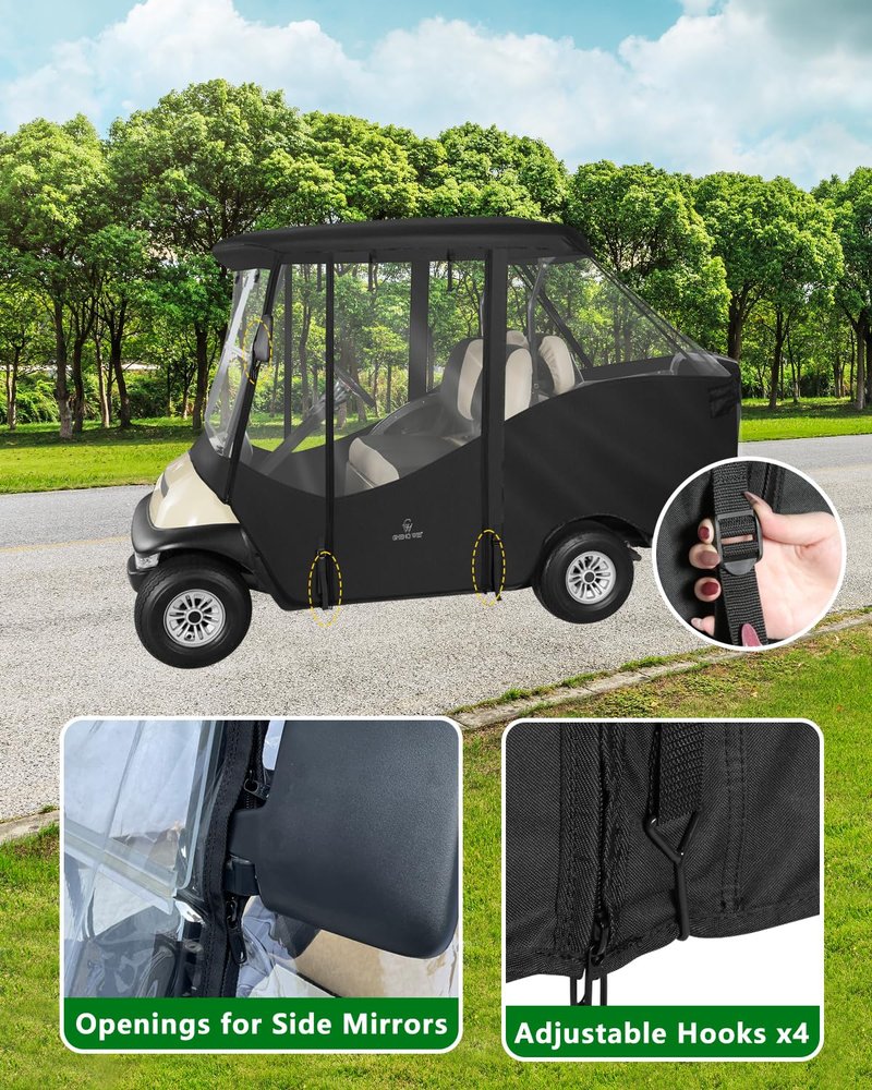 Golf Cart Enclosure 4 Passenger Short Roof 58” for Club Car Precedent Tempo 2+2 Seater,600D Clear Rain Cover Driving Enclosure,Roll Up 4 Sided Transparent Windows&Door,Side Mirrors Zipper Openings