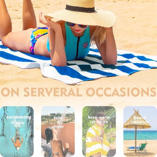 Exclusivo Mezcla Oversized Cabana Stripe Beach Towels - Super Absorbent & Soft Plush | 35x70 Inches, Ocean Blue