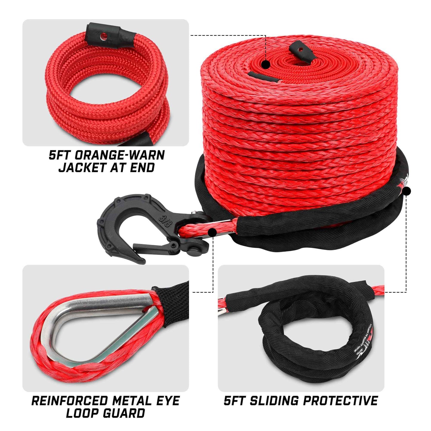 XPV 3/8" x 100ft Synthetic Winch Rope 23,809lbs Dyneema Winch Line Cable Rope with Hook and Sleeve Protection Red
