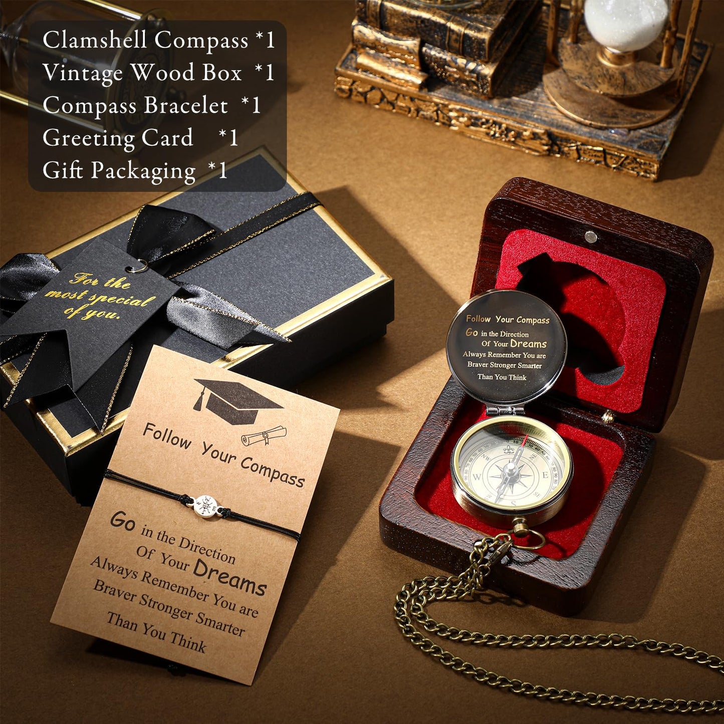 Compass Gift Set Engraved Compass with Chain Souvenir Present Bracelet with Greeting Card Walnut Wooden Box Gift Box for Graduation Father's Day Adventure Birthday Baptism Party Favors(Graduation)