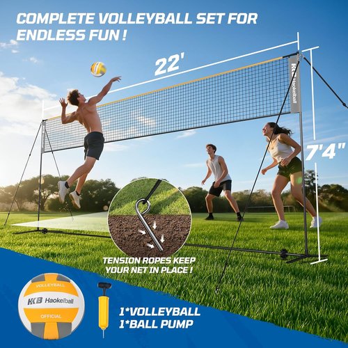 Haokelball Badminton Volleyball Pickleball Net Set - 22FT Portable All-in-One System with Adjustable Height, Includes Balls & Rackets