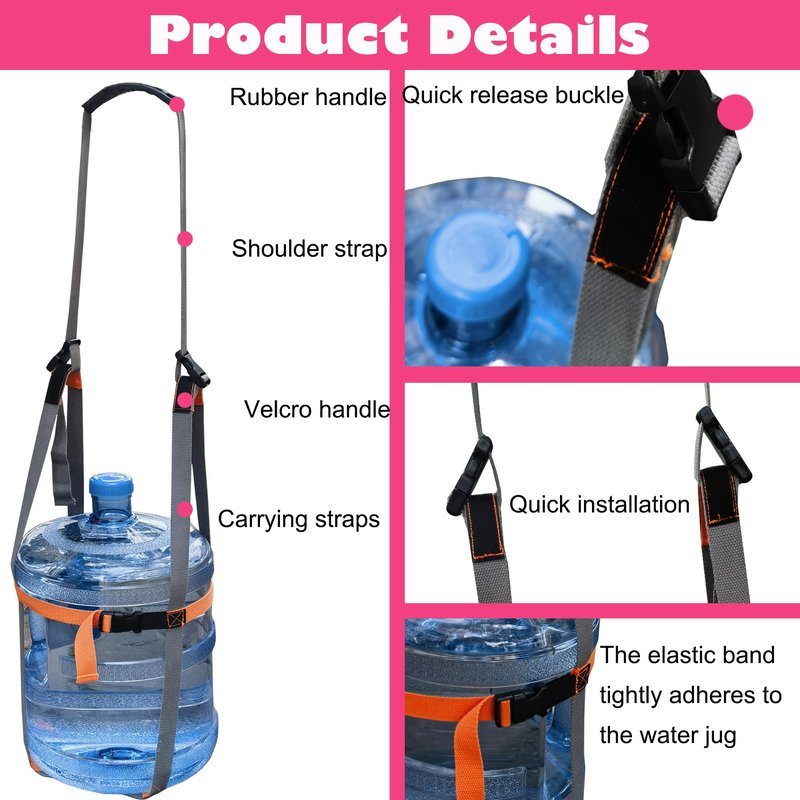 Carrying Straps for 5 Gallon Plastic Water Jug and 5 Gallon Glass Carboy,1 Shoudle Straps,Drinking Water Bottle Carrier,Water Jug Handle,Anti-Slip Lifter,Fit 3 4 5 6 Gallon, Orange and Gray，No jug