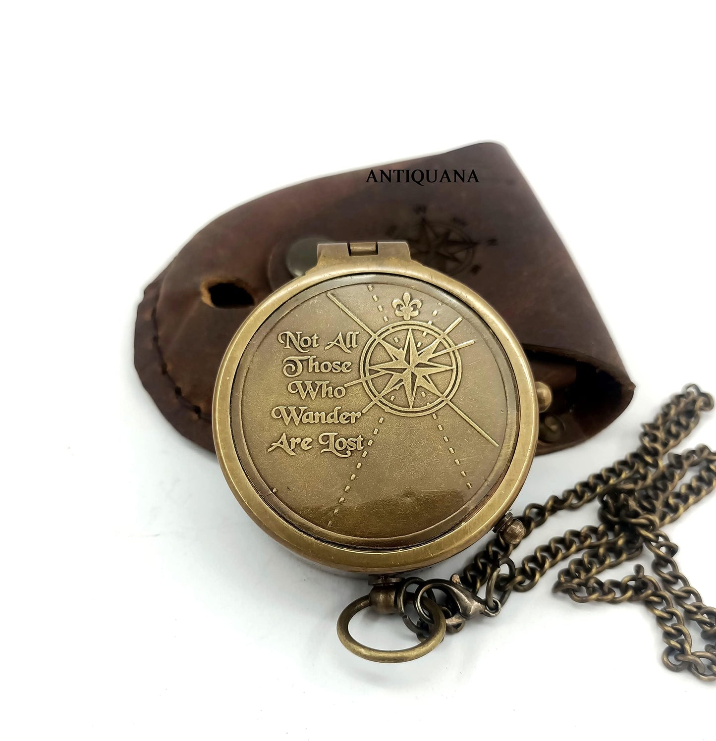 ANTIQUANA Brass Compass Unique Print 'Not All Those Who Wander are Lost' Engraved Compass with Leather Case and Chain A Great Gift Item for Your Loved Ones, Brown