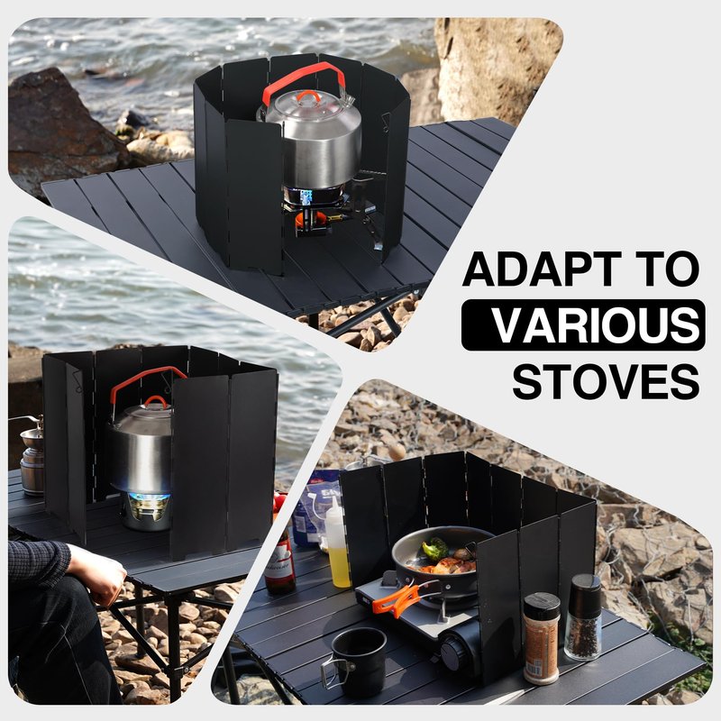 REDCAMP 9.5" High Folding Outdoor Stove Windscreen, 16 Plates Aluminum Camping Stove Windshield with Carrying bag, Lightweight Butane Burner Windshield, Black