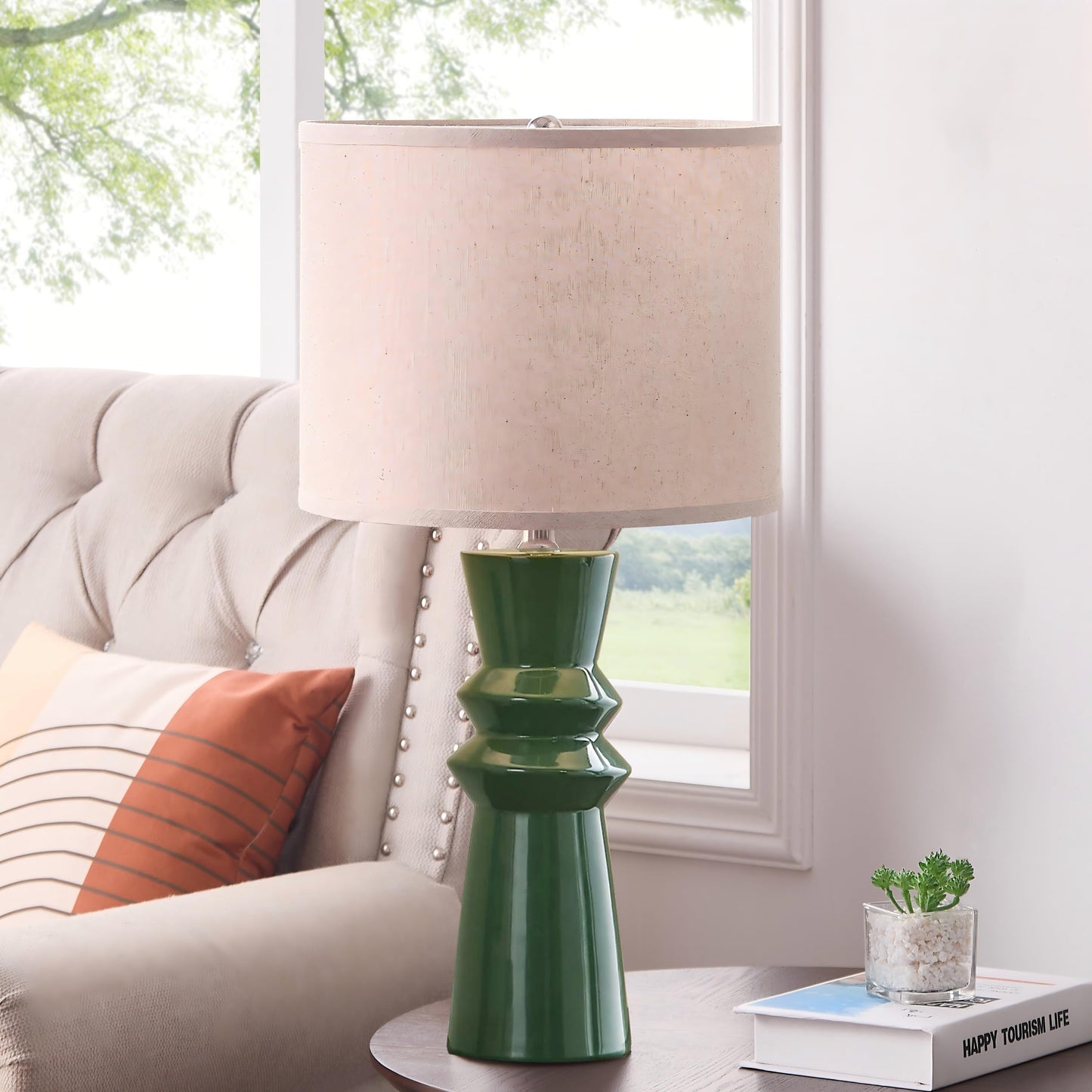 HGNPJC 24.75" Green Ceramic Table Lamp Set of 2-3-Way Dimmable Nightstand Lamps with Pallid Shade for Bedroom Farmhouse Bedside Nightstand Bedside Lamp End Table Lamps (Dark Green)