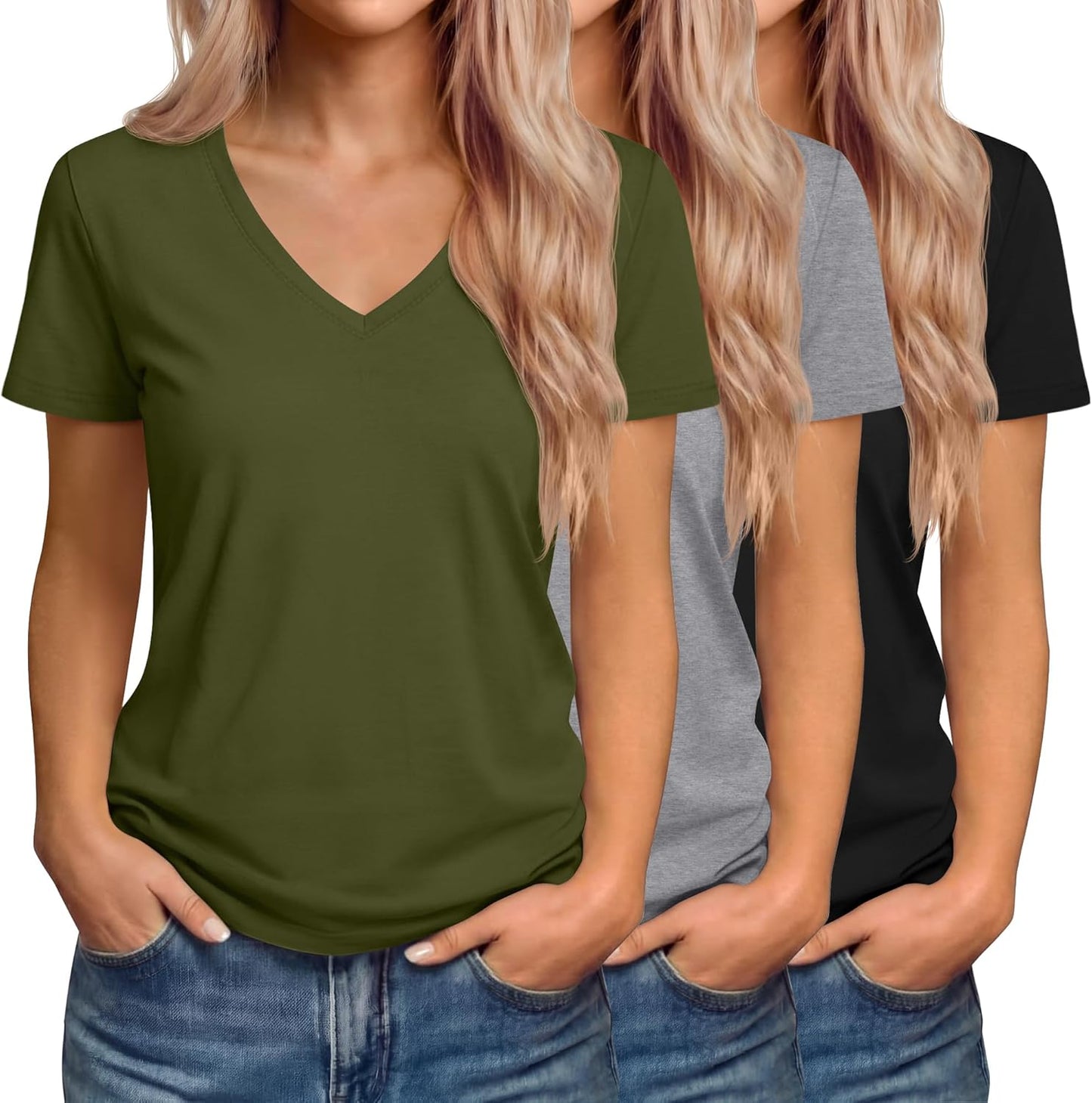 Riyiper Women's V-Neck T-Shirts - 3 Pack Casual Short Sleeve Tops | Trendy Loose Fit Tees