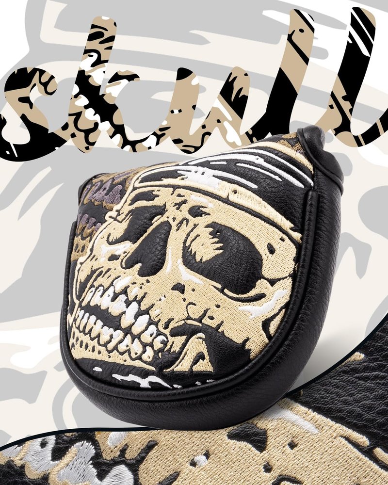 Skull Skeleton Mallet Putter Cover, Golf Club Covers with Magnetic Closure, Premium PU Leather and Advanced Embroidery with Velour Lined Golf Head Covers for Most Brands - Golden Black