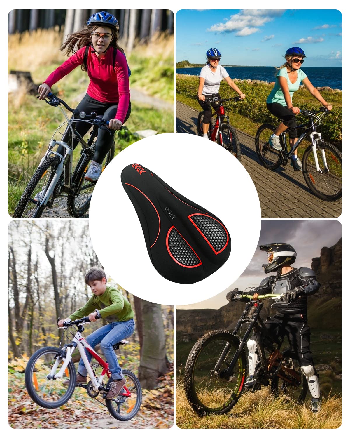 MSDADA Bike Seat Cushion - Gel Bike Seat Cover Padded for Men & Womens Comfort, Soft Bicycle Saddle Compatible with Exercise Spin Stationary Bike, for Indoor and Outdoor Cycling (Red)