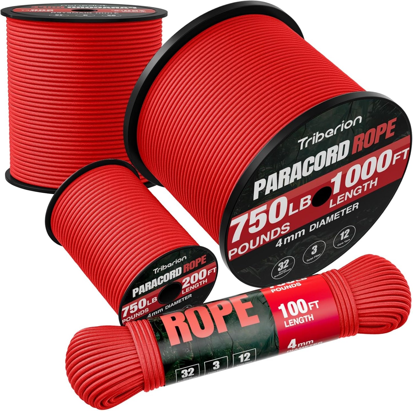 Paracord 750 lb - 100ft 5/32" Heavy Duty Parachute Cord | Durable 12-Strand Survival Rope - Red