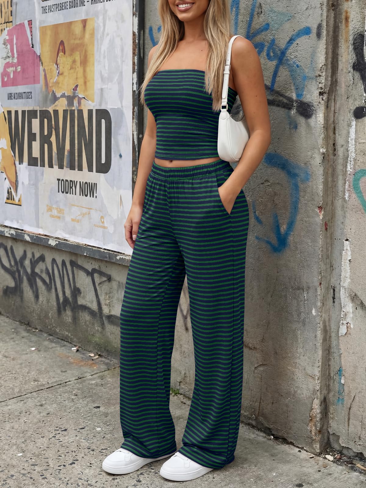 Trendy Queen Womens 2 Piece Lounge Sets Matching Summer Beach Vacation Outfits 2026 Striped Tube Tops Pants Travel Clothes