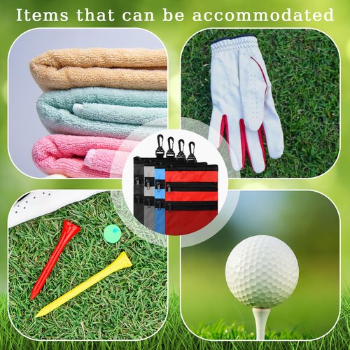 Cosblank 4 Pcs Golf Tee Holder 3 Zippered Golf Pouch Bag for Valuables Portable Ball Accessory Pouch for Men with Clip to Bag for More Storage, Easy Access, Black, Red, Blue, Gray