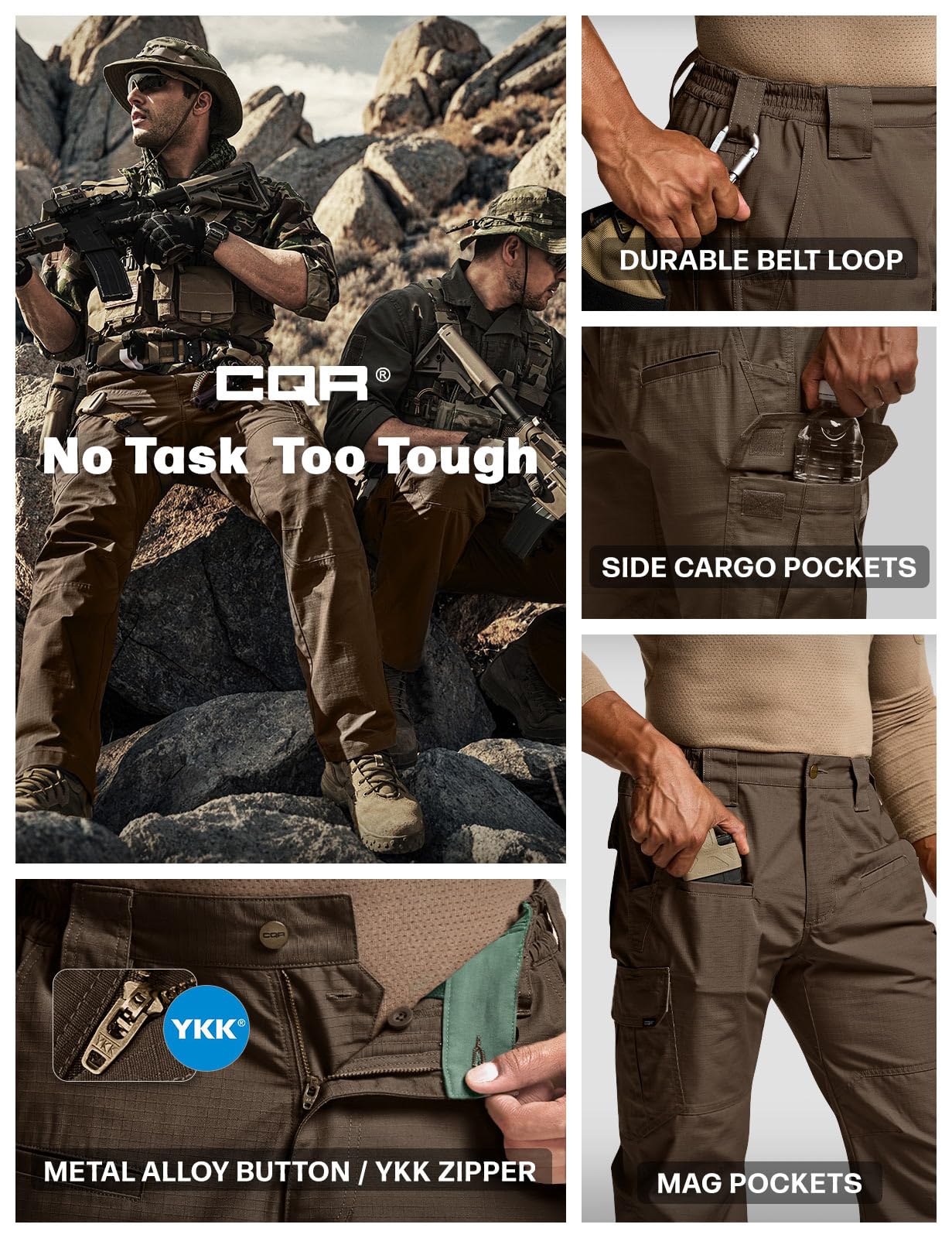 CQR Men's Tactical Pants, Water Resistant Ripstop Cargo Pants, Lightweight EDC Work Hiking Pants, Outdoor Apparel, Raider Tundra, 44W x 32L