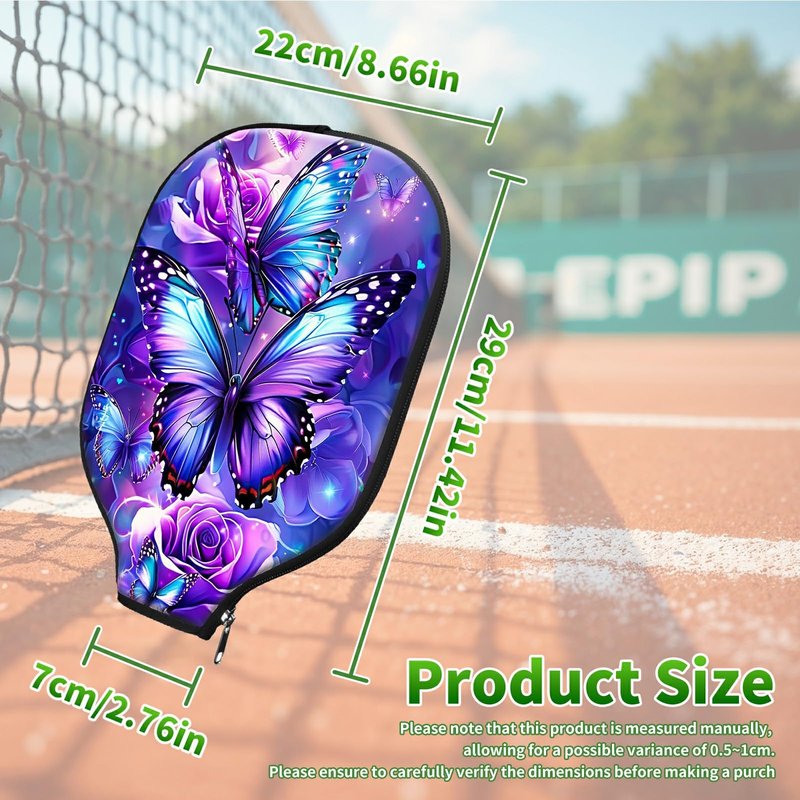 RWUTYTIUL Purple Butterfly Flower Pickle Ball Paddle Cover, Neoprene Pickleball Paddle Sleeve with Zippered Racket, Universal Paddle Storage Bag Size 8.66" x 11.4", Pickleball Paddle Case for Women