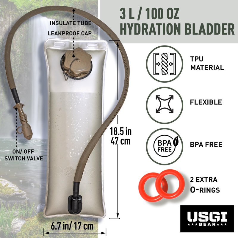 USGI GEAR Hydration Backpack 3L Water Bladder – Food-Grade Safe TPU Hydration Bladder with Leakproof Hose, Comfortable Sipping Spout – Hiking Water Bottle Ideal for Outdoors, Hunting, Fishing
