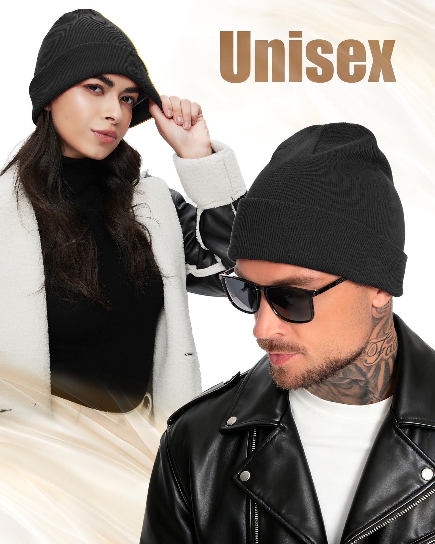 Satin Lined Beanie for Women Men, Cotton Knit Winter Hat Silk Lining Soft Warm Cuffed Fisherman Beanies Hats Skull Cap Black