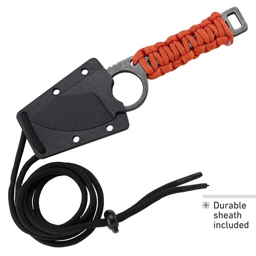 CRKT Tailbone EDC Knife: Everyday Carry Fixed Blade Drop Point Knife with Black Stonewash Finish, Orange Cord Wrapped Handle, Sheath 2415