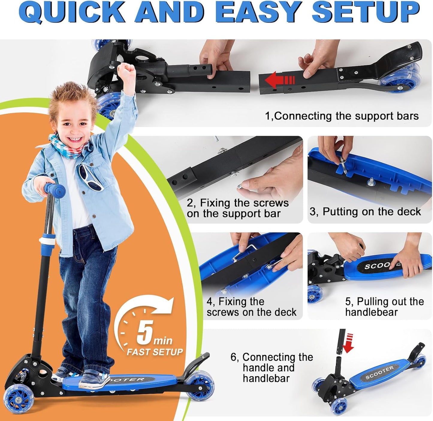 **Skiennix Kids Kick Scooter - Light-Up 3-Wheel Design with Adjustable Handlebars | Supports Up to 150 lbs**