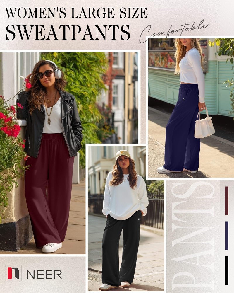 Neer 3 Packs Women's Plus Size Wide Leg Sweatpants High Waist Elastic Waistband Lounge Pants with Pockets(Black, Navy Blue, Wine Red,XX-Large)