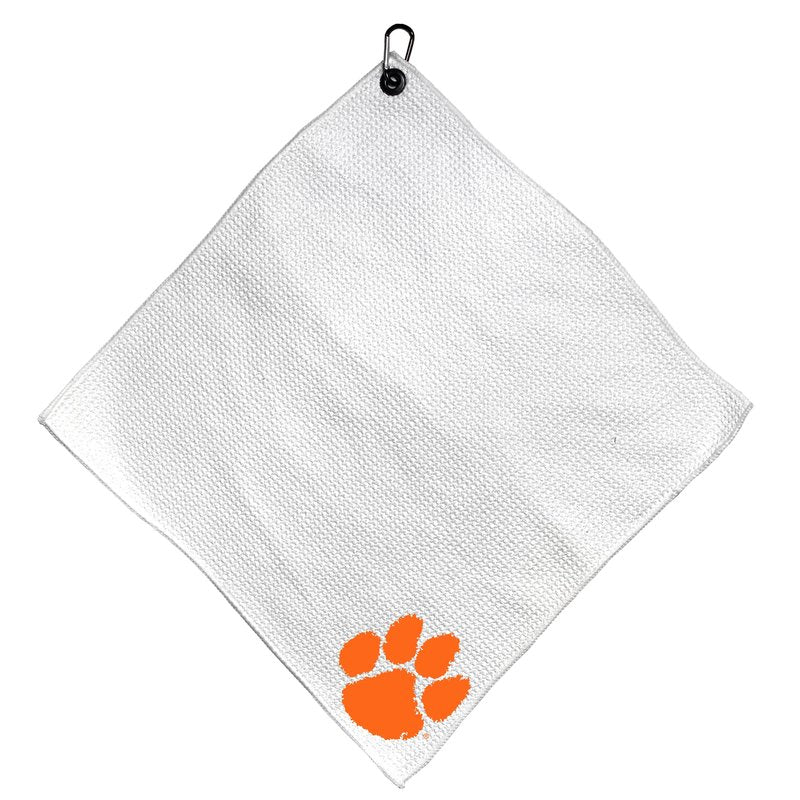 Team Golf NCAA Clemson Microfiber Towel - 15" X 15" (White) with Carabiner Clip, Premium Microfiber with Deep Waffle Pockets - Superior Water Absorption and Quick Dry Golf Cleaning Towel, Small