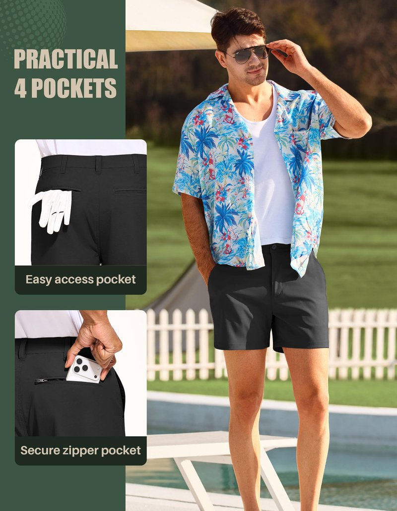 PULI Men’s Golf Shorts 5 Inch Inseam Lightweight Summer Stretch Waterproof Hiking Casual Shorts with Pockets Black 32