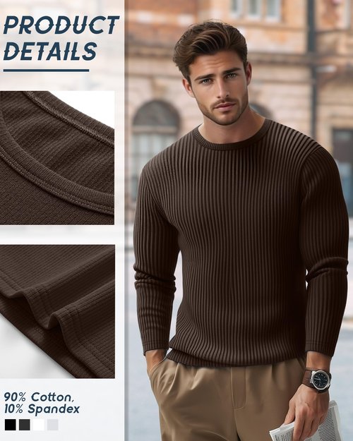 August Alley 4 Pack Men's Cotton Thermal Long Sleeve Shirts Ribbed Crew Neck Tops Slim Fit Undershirts Fall Winter Base Layer(Black, Dark Gray, Dark Brown, Navy Blue,X-Large)