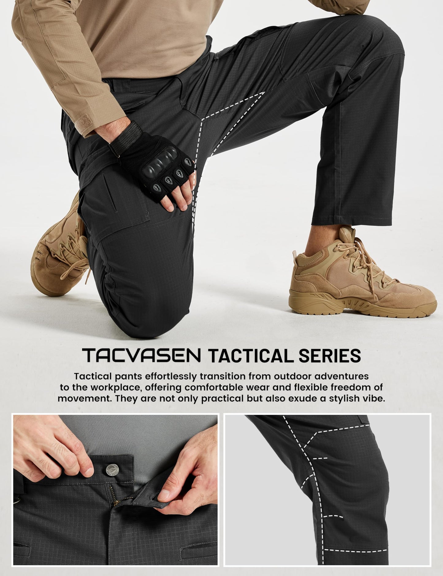 TACVASEN Men's Tactical Pants Cargo Work Pants for Men Construction Waterproof Lightweight Stretch EDC Hiking Trousers with 8 Pockets Black 34