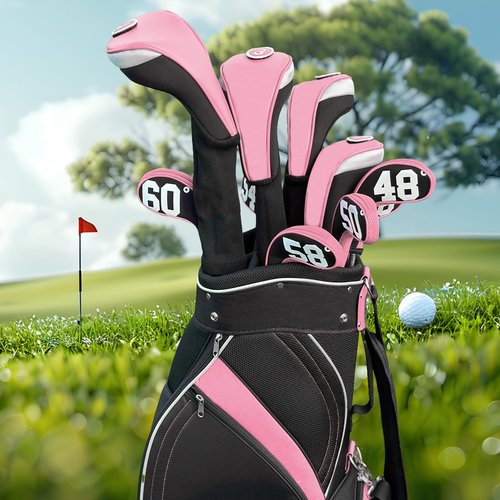 Andux 5pcs/Set PU Golf Wood Club Head Covers 460cc Driver Covers with Long Neck Pink