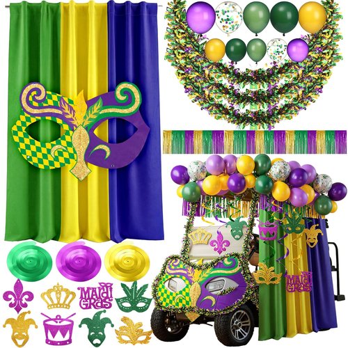 Motionchic 78 Pcs Mardi Gras Parade Golf Cart Decorations Float Golf Cart Mardi Gras Decor Purple Green Gold Balloon Tinsel Garland Banner Mask Curtain Hanging Swirl Decorations for Carnival Party