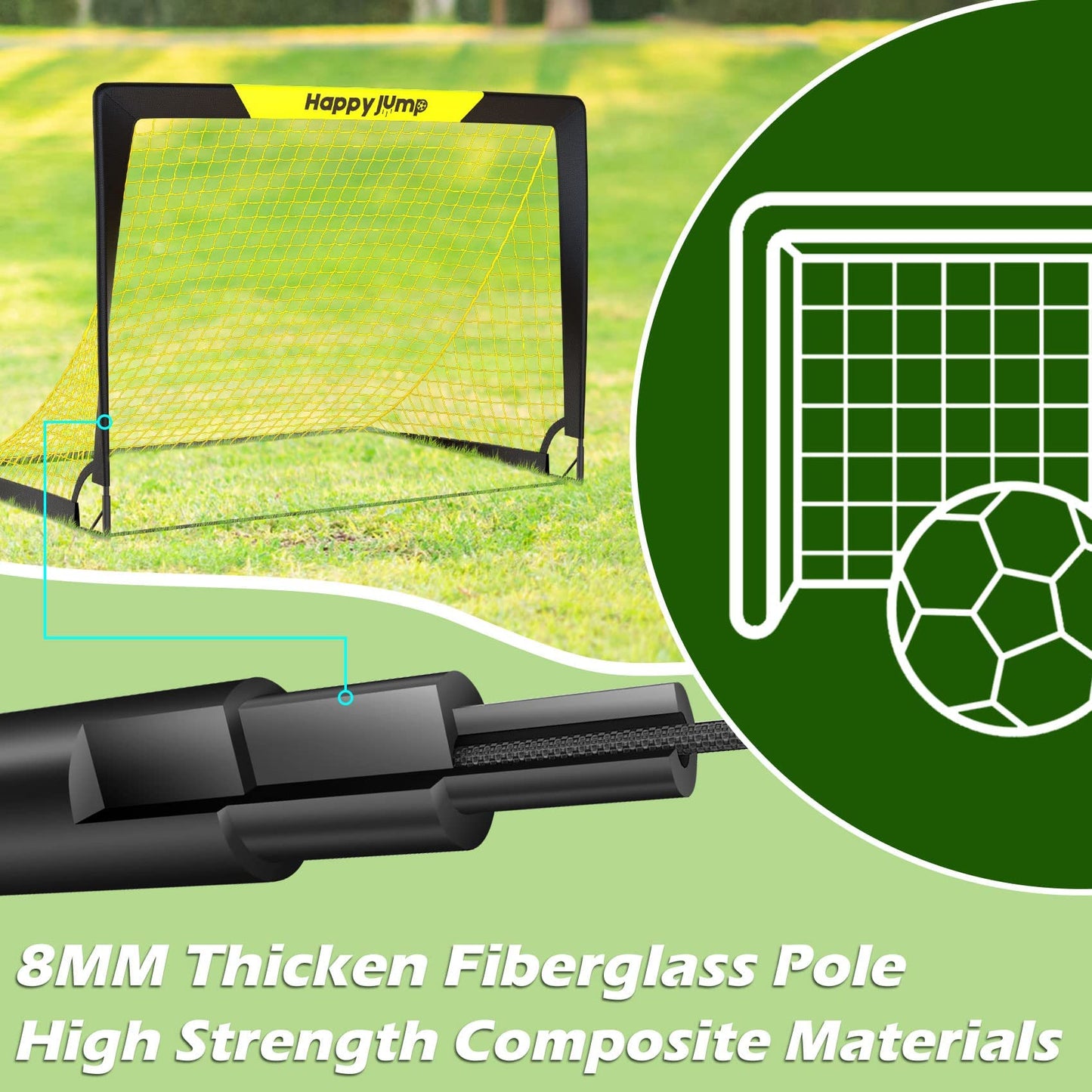 Happy Jump 7x5 FT & 5x3.6 FT Portable Soccer Goal for Youth Players Ages 6–14, Large-Frame Design Built for Long-Term Development, Easy Setup for Backyard, Park or School Training