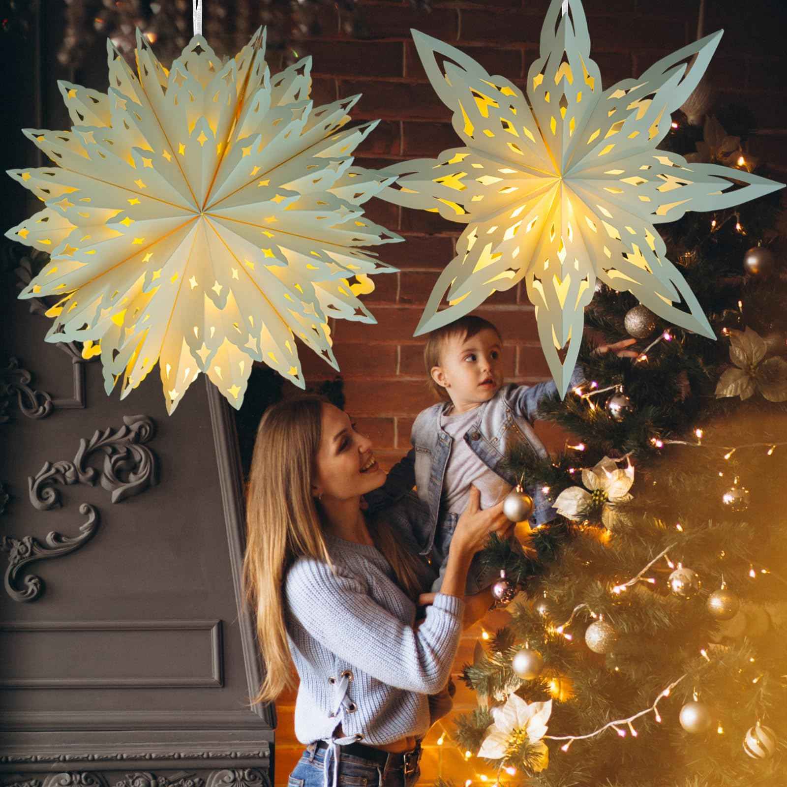 Christmas Paper Snowflake Lanterns, 2 Pack Christmas Paper Star Lantern with LED Light White Hanging Lamp Ornaments for Xmas Tree New Year Winter Frozen Weddings Birthday Holiday Party Decorations