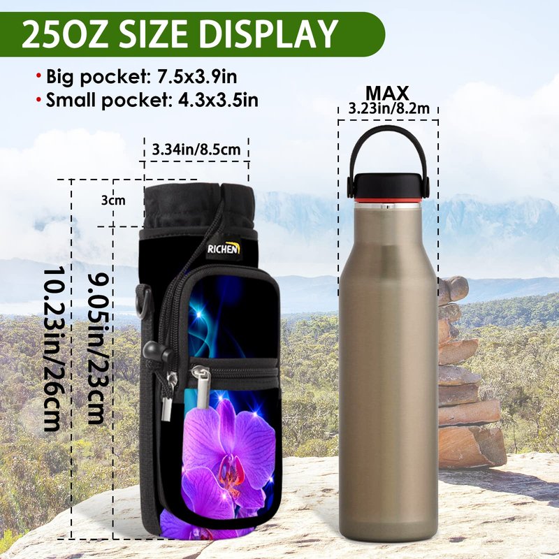 RICHEN Neoprene Water Bottle Carrier Bag 25/32/40/64 oz, Bottle Pouch Holder with Adjustable Padded Shoulder & Handle Strap and Front Pockets for Hiking Travelling Camping (Phalaenopsis, 25oz)