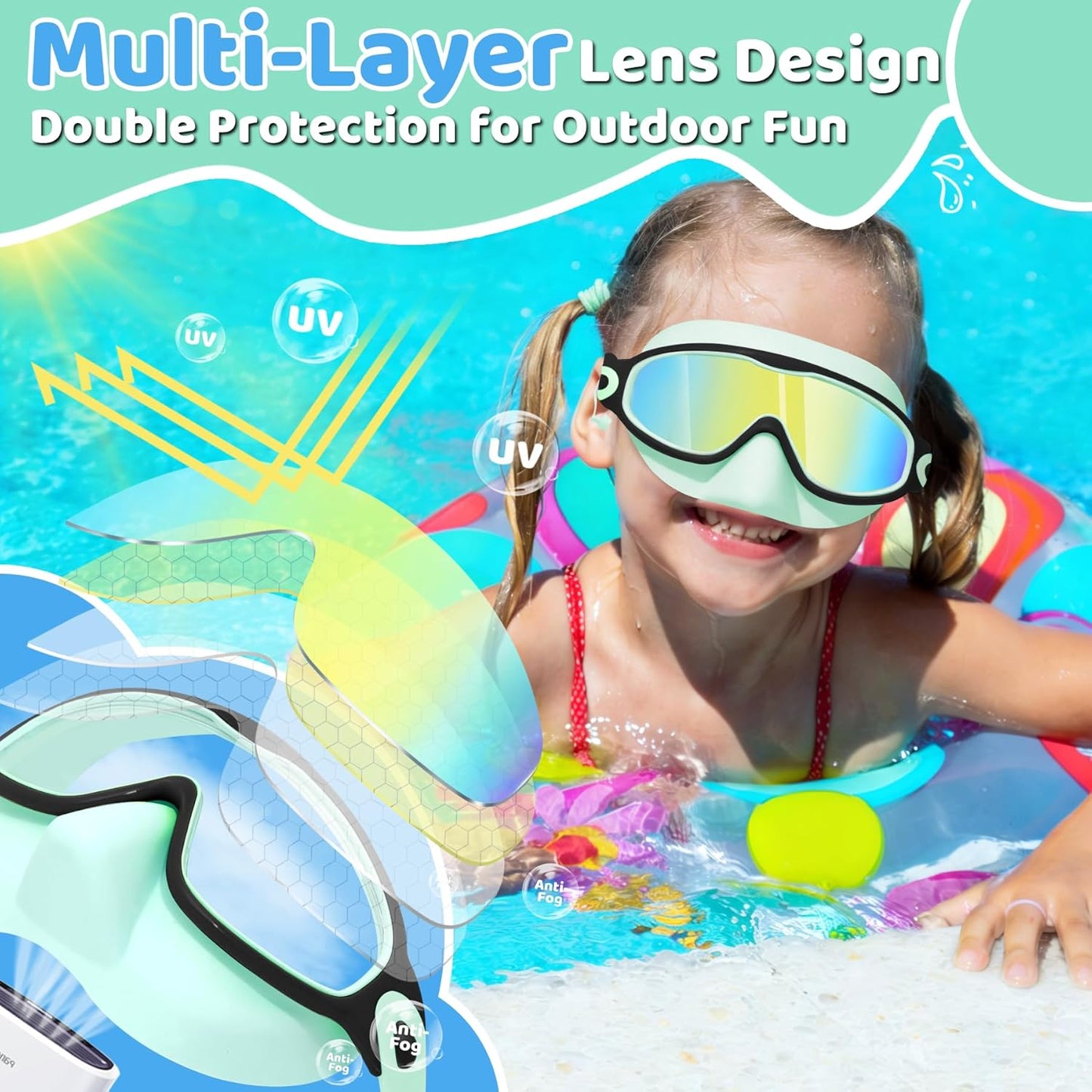 Vvinca Kids Swim Goggles - Anti-Fog Wide View with Nose Cover & Earplugs | Ages 3-12