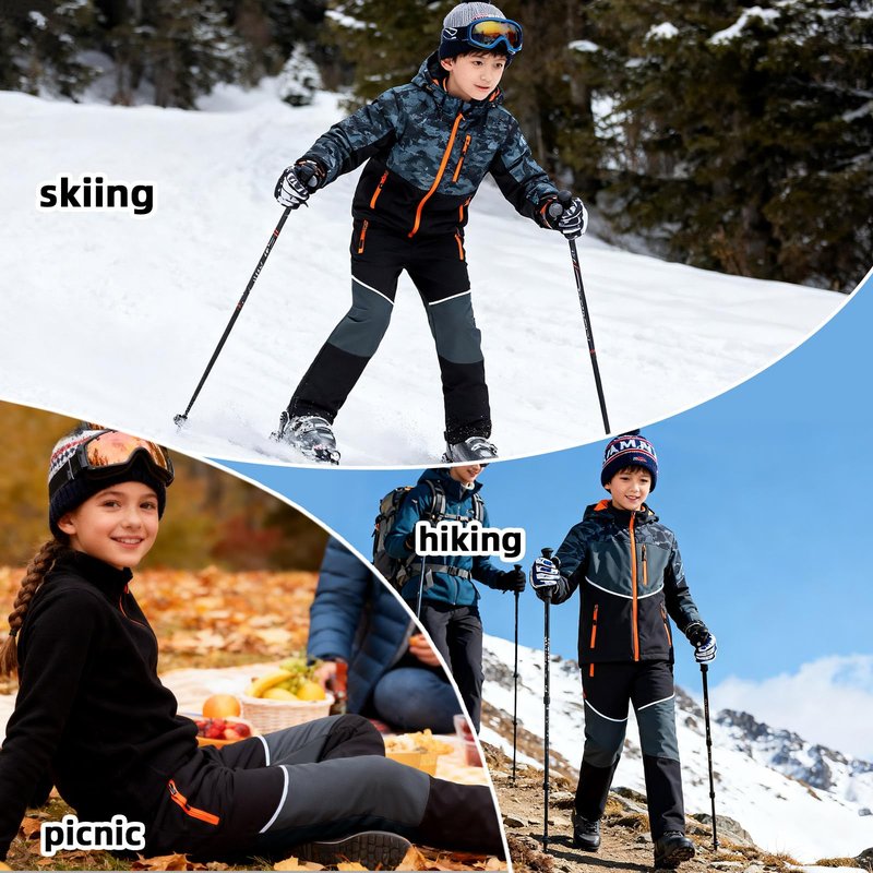 MEILONGER Boys Girls Softshell Skiing Snow Hiking Pants Fleece Lined Kids Waterproof Outdoor Trousers Bottoms(Black Gray,14)