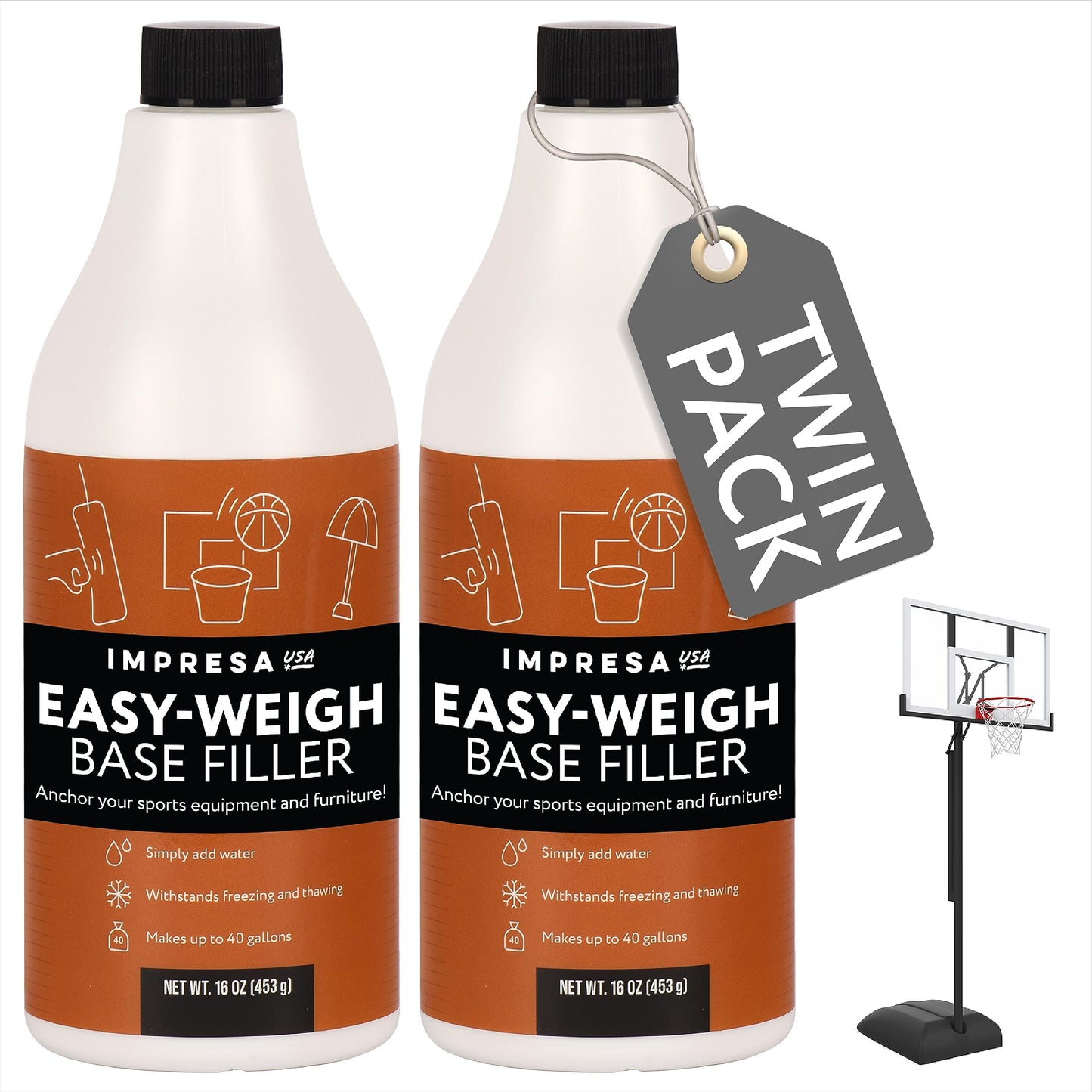Impresa Polymer Base Filler - Pour Gel for Punching Bag Sand Filling - Stabilize Basketball Hoops with Basketball Hoop Filler Gel - Salt Water Dissolve & Sand Replacement - 2-Pack, 16 Fl Oz Each