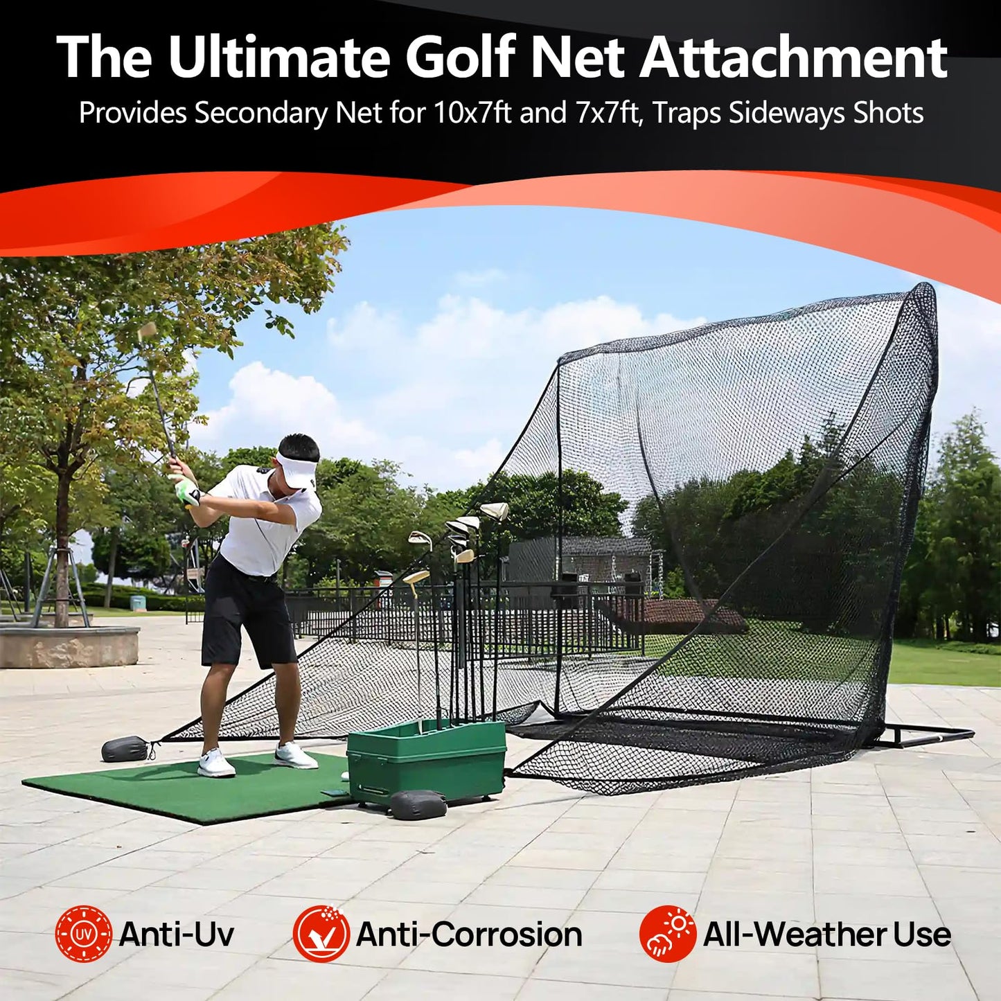 Golf Net Attachment for Golf Hitting Nets, 7 * 7FT Heavy Duty Side Net,Practice Hitting Barrier for, Baseball, Hockey with Sandbag(Black-2Pack)