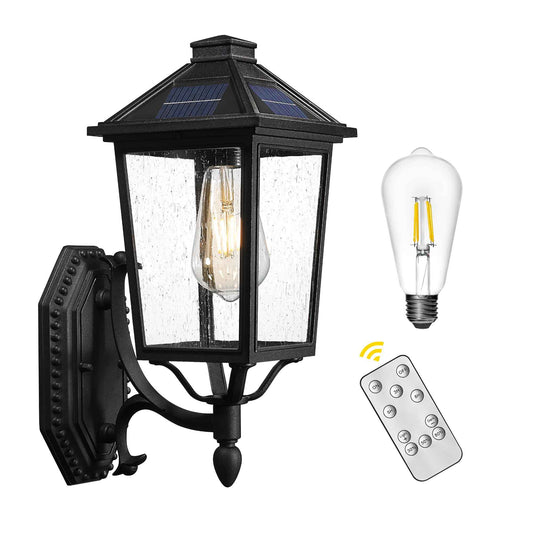 Outdoor Solar Wall Light, HWH Dusk to Dawn Exterior Light Fixture Outside Wall Sconce, Vintage Wall Mounted Porch Lights, Black Finish with Seeded Glass, 5HX107B-SL BK