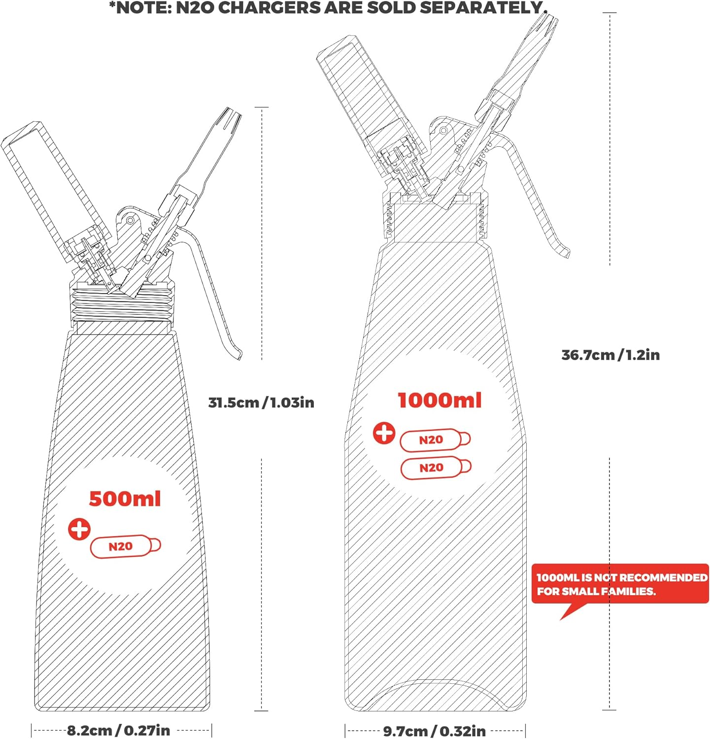 Skiennix Professional Aluminum Whipped Cream Dispenser - Leak-Free 500 mL Canister with 8 Nozzles & Brush