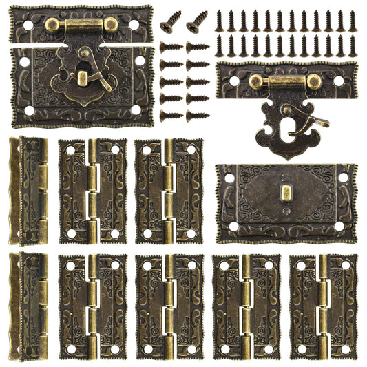 Rectangle Antique Right Hook Hasp Latch Vintage Bronze Engraved Hinge with Matching Screws for Repair and Decorative Jewelry Box Wood Boxes 4 Sets