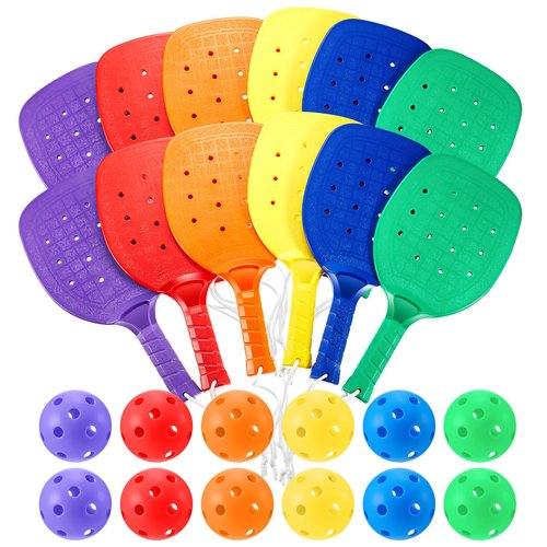 Lunmon Plastic Paddleball Racket with Balls PE Equipment for Elementary School 15.2 x 7.5 Inches Paddle Ball Racket with Lanyard Physical Education Classes Equipment 6 Colors(6 Pcs)