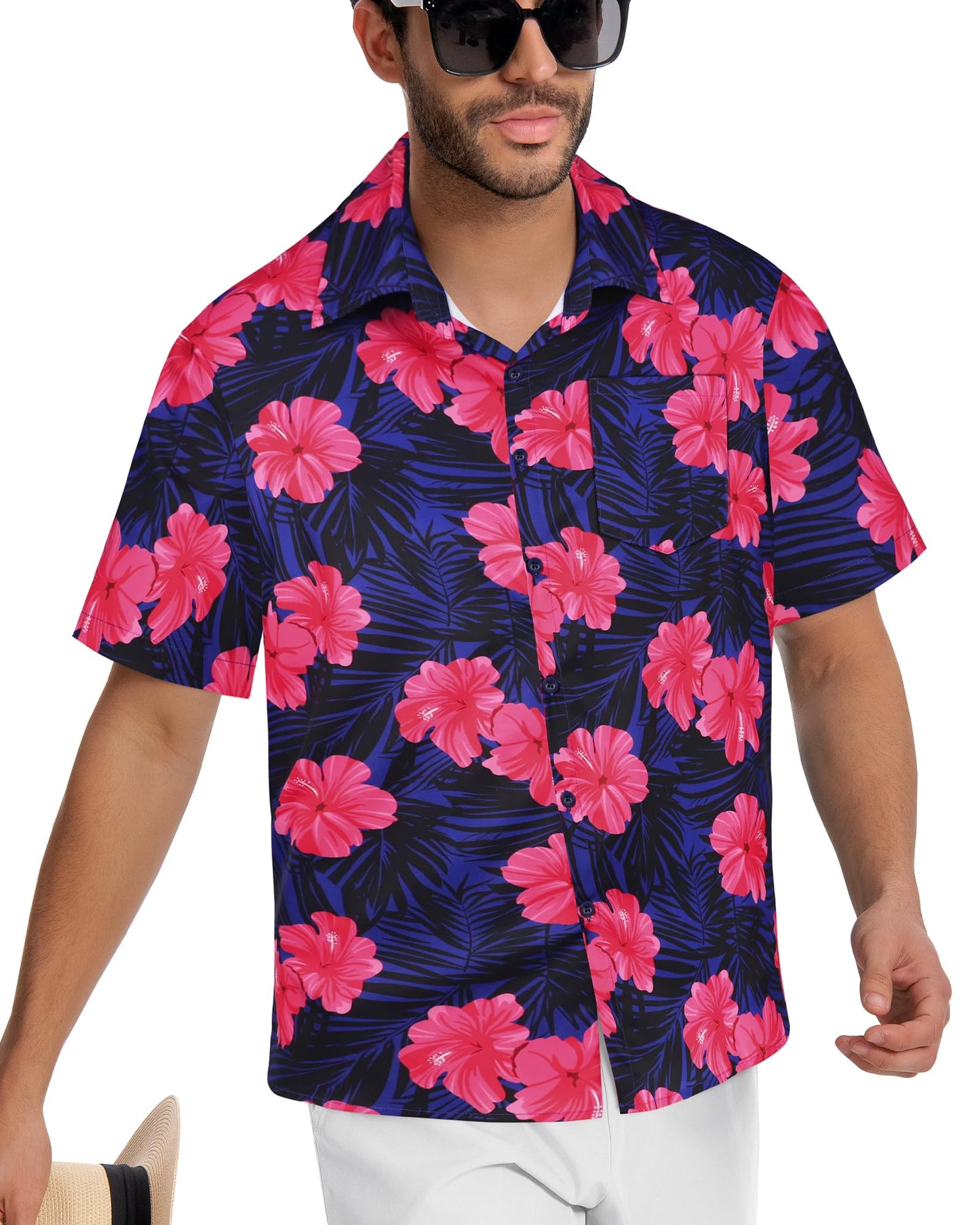 Mens Hawaiian Shirt Short Sleeve Summer Beach Casual Tops Button Down T Shirts with Pocket(Pink Navy Floral,XL)