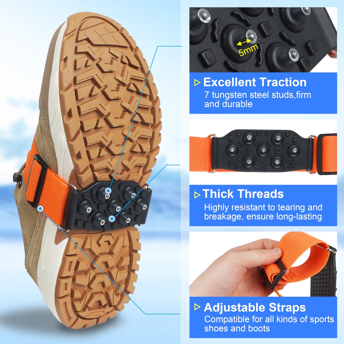 Ice Cleats Mid-Sole Snow Traction Cleats Crampons for Shoes and Boots Rotatable Non Slip Ice Grippers Overshoe with 7 Tungsten Studs for Walking on Snow Ice Men Women Indoor/Outdoor